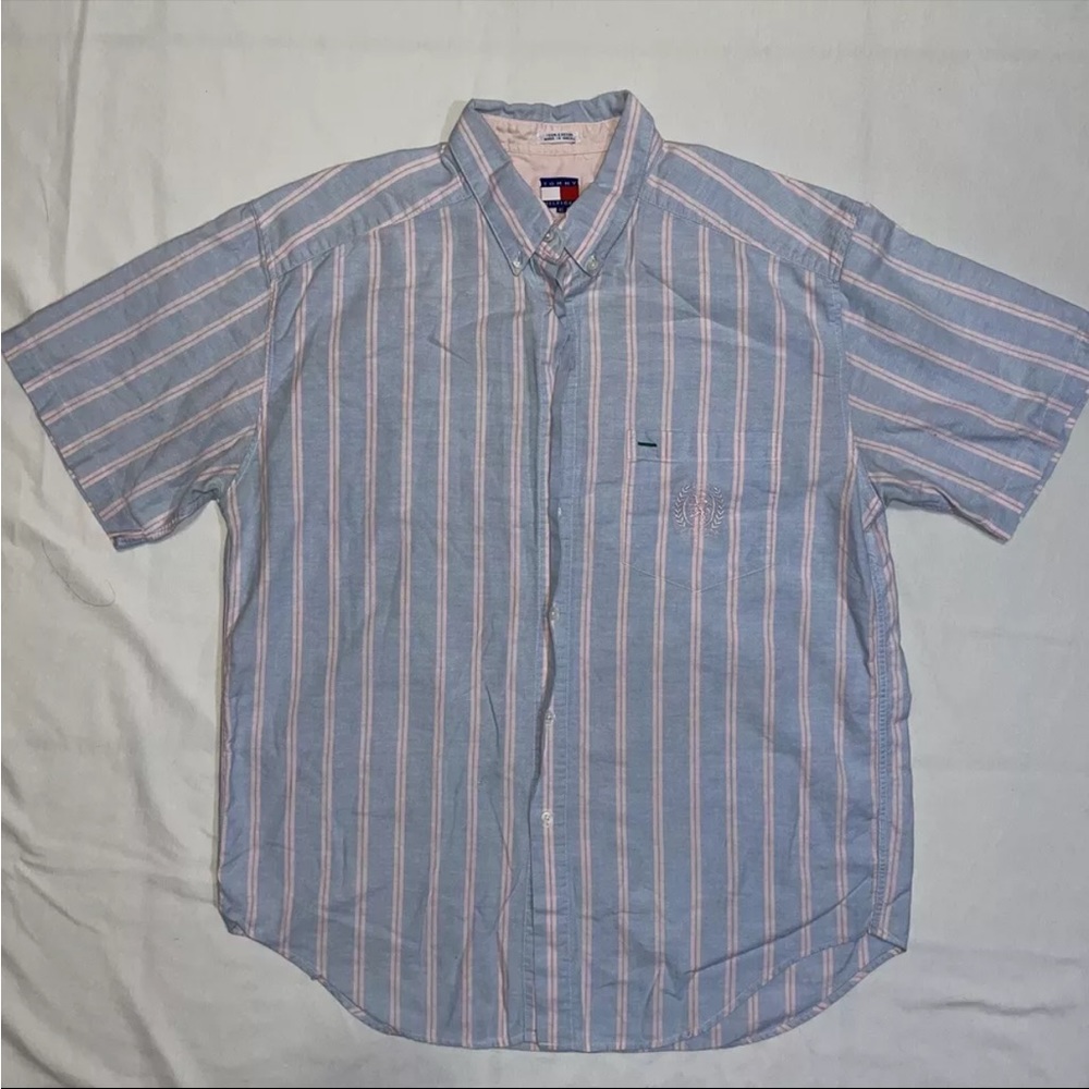 Vintage Tommy Hilfiger Button Up Mens ExtraLarge Blue Striped Short Sleeve Shirt